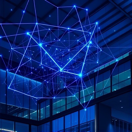 innovative digital transformation, dynamic, building, photorealistic, a networked grid overlaying a corporate office, highly detailed, pixelated fluxes, high-fidelity, electric blue, studio lighting, shot with a 50mm prime lens.