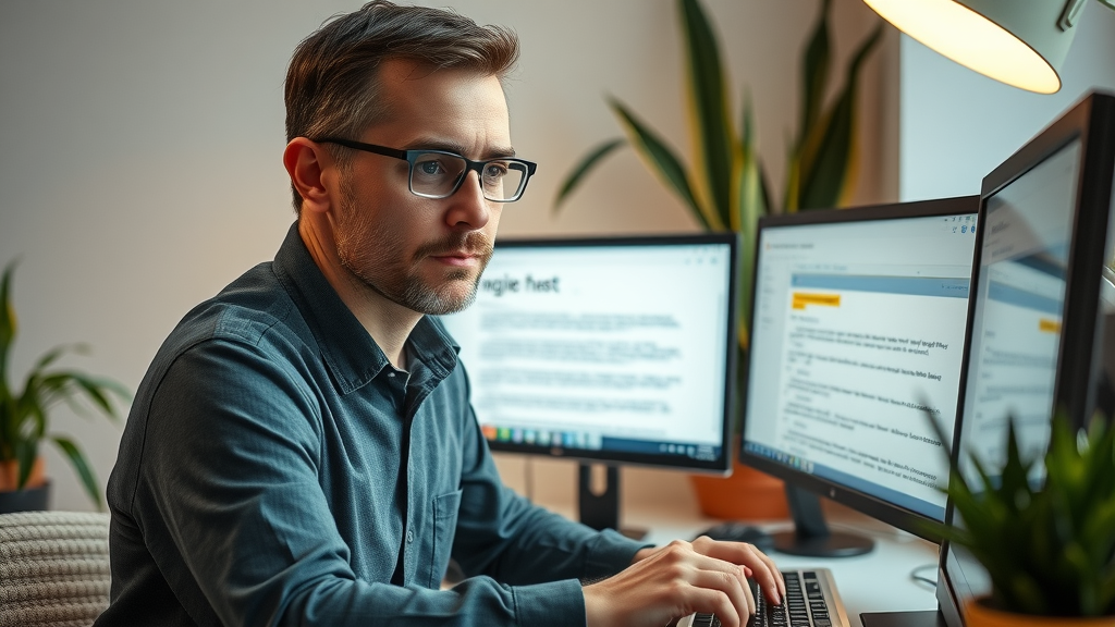 Experienced blogger editing AI-generated content draft, reviewing text on dual monitors in a minimalist, warm-lit workspace