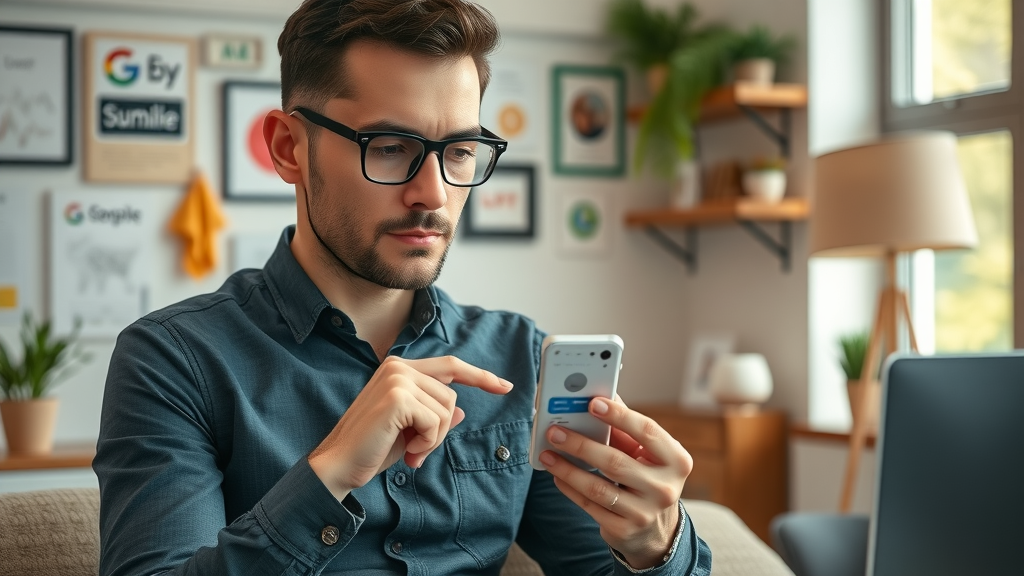 business owner uses smartphone to update Google Business Profile for consistent local SEO and customer engagement