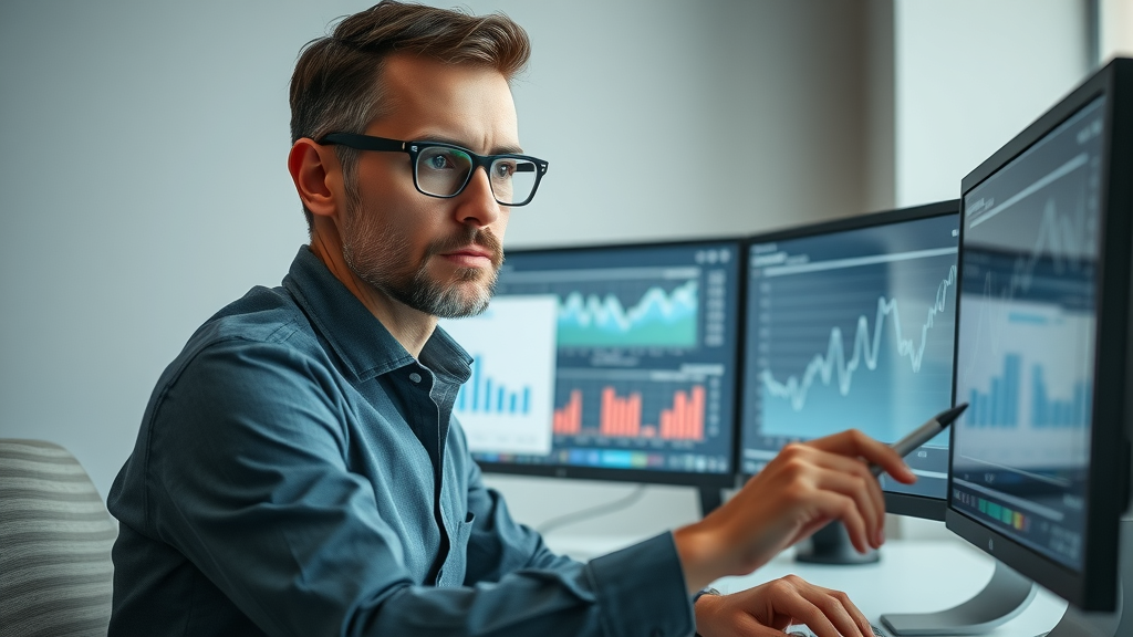 SEO specialist reviewing website analytics and search engine trends in a modern office