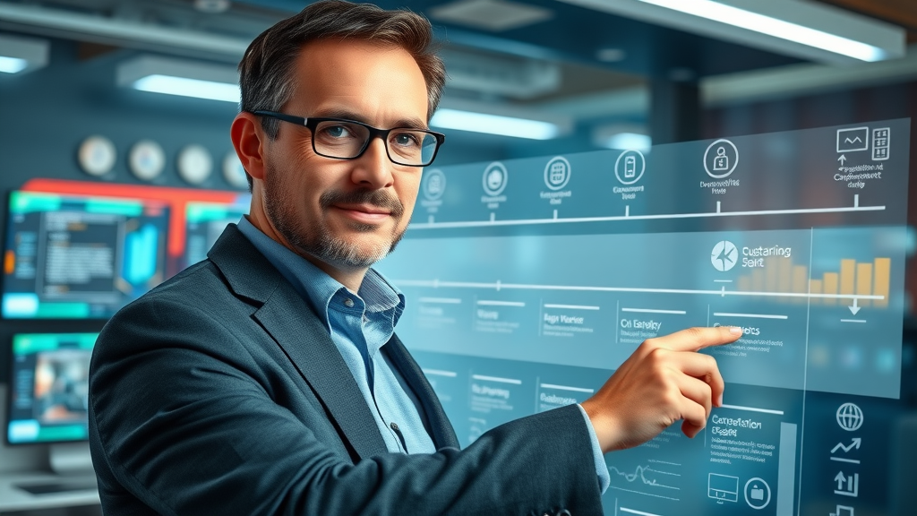Strategist building a roadmap for media customer engagement, digital whiteboard with timelines and strategy charts.
