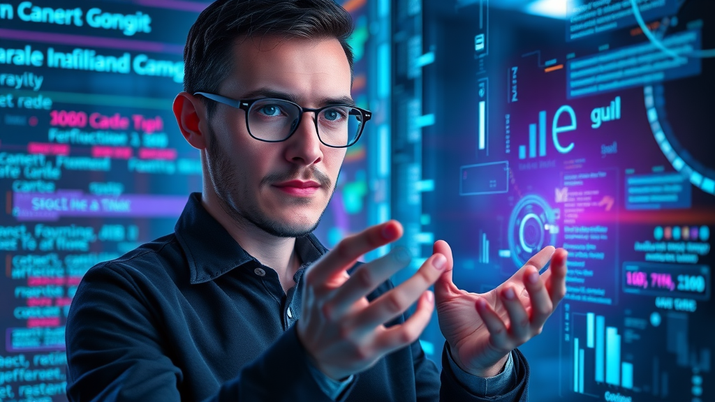 AI-driven content planning strategist interacting with AI hologram in a futuristic setting