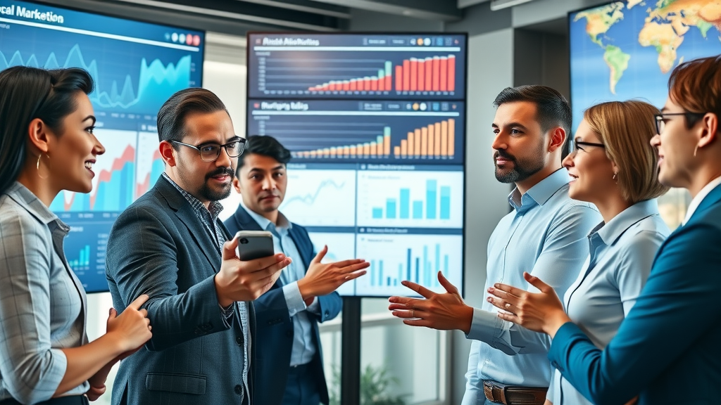 dynamic business team reviewing digital marketing analytics on large interactive screens, confident expressions, collaborating energetically, modern tech office, digital dashboards, online advertising benefits