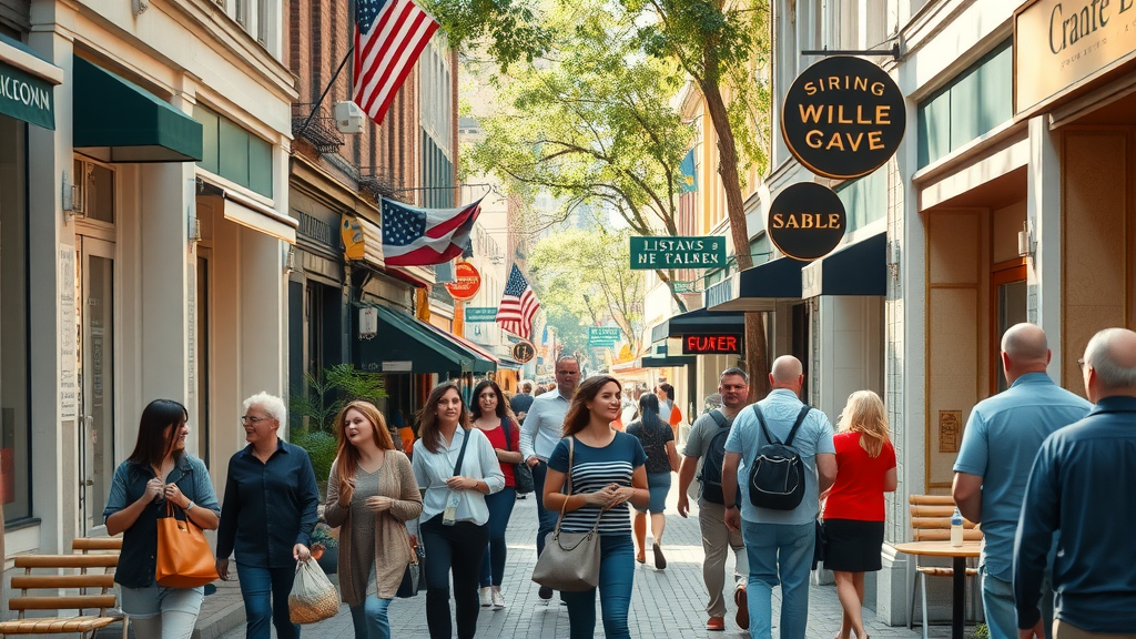 inviting main street with thriving local businesses, people happily interacting and shopping, local marketing strategies, bustling urban environment, outdoor cafes, storefronts, warm colors, crisp detail, natural sunlight