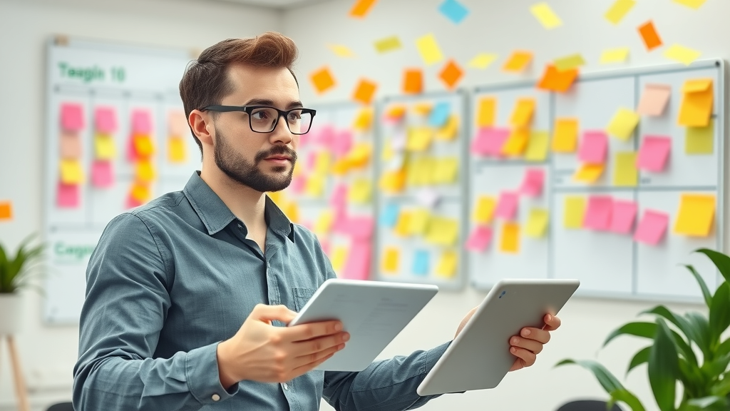 Content strategist planning media site marketing strategy, brainstorming ideas for content marketing and brand awareness, dynamic startup office, sticky notes and tablets