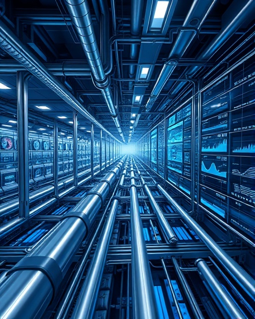 strategic syndication network, seamless, managing content flow, photorealistic, a complex system of digital pipelines and interactive dashboards, highly detailed, changing real-time analytics, hi-res textures, silver and cobalt tones, diffused lighting, shot with a wide-angle lens.