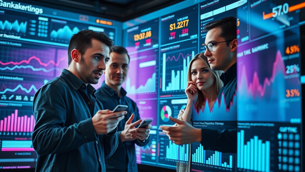 Marketing team analyzing local marketing analytics dashboard for small business