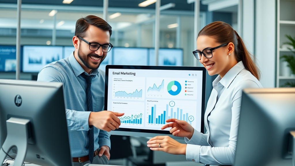 Professional business team analyzing email marketing graphs, digital dashboard, email marketing advantages, modern office