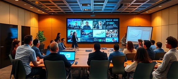 interactive flexibility communication, persuasive, bridging diverse groups, photorealistic, bustling conference room filled with multicultural team and holographic displays, highly detailed, real-time data exchange depicted, super high-definition clarity, warm wood tones, focused spotlighting, shot with an ultra-wide lens.