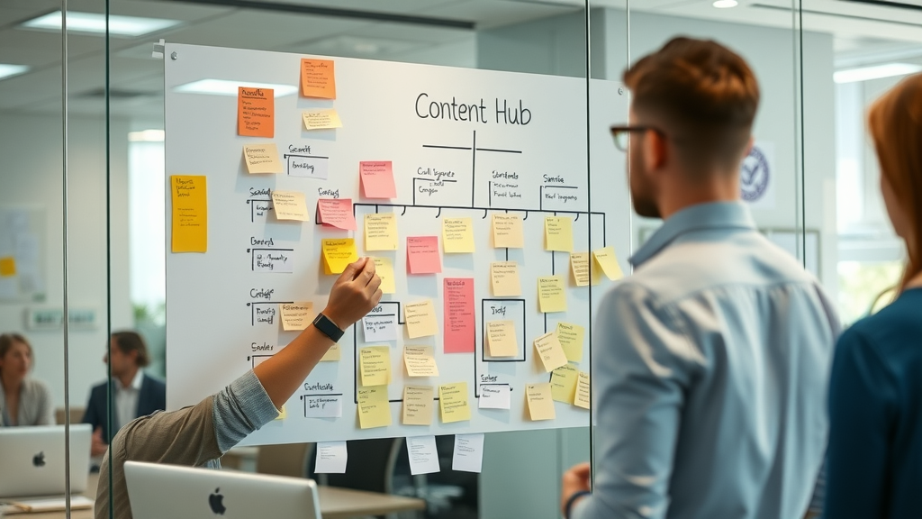 content creation for content hub, strategist planning hub structure with notes in meeting room