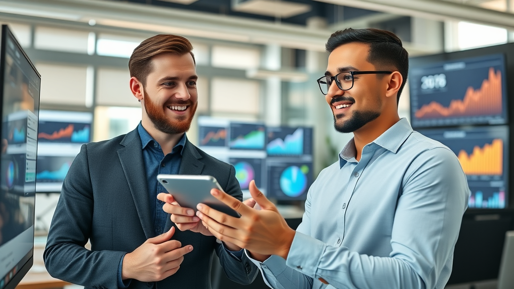 Business team and solo entrepreneur reviewing analytics of AI-generated content, colorful charts displaying growth of blog posts and social media posts