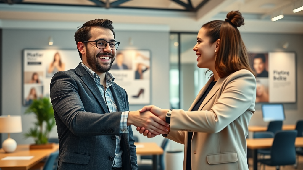 popular influencer collaborating with brand manager on social media marketing campaign, handshake, branded elements