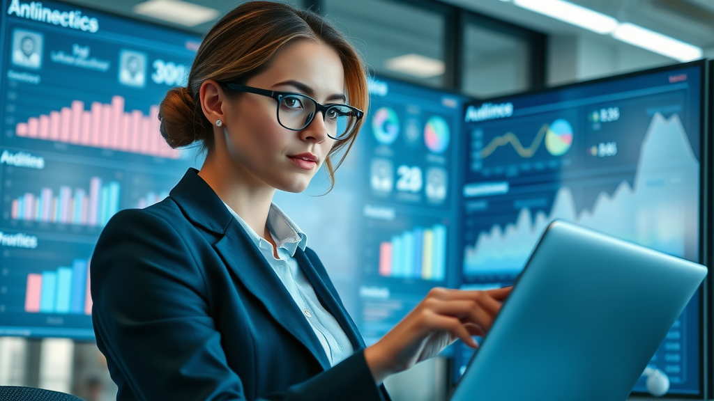 analytical businesswoman reviewing social media analytics dashboard, media presence and marketing strategy