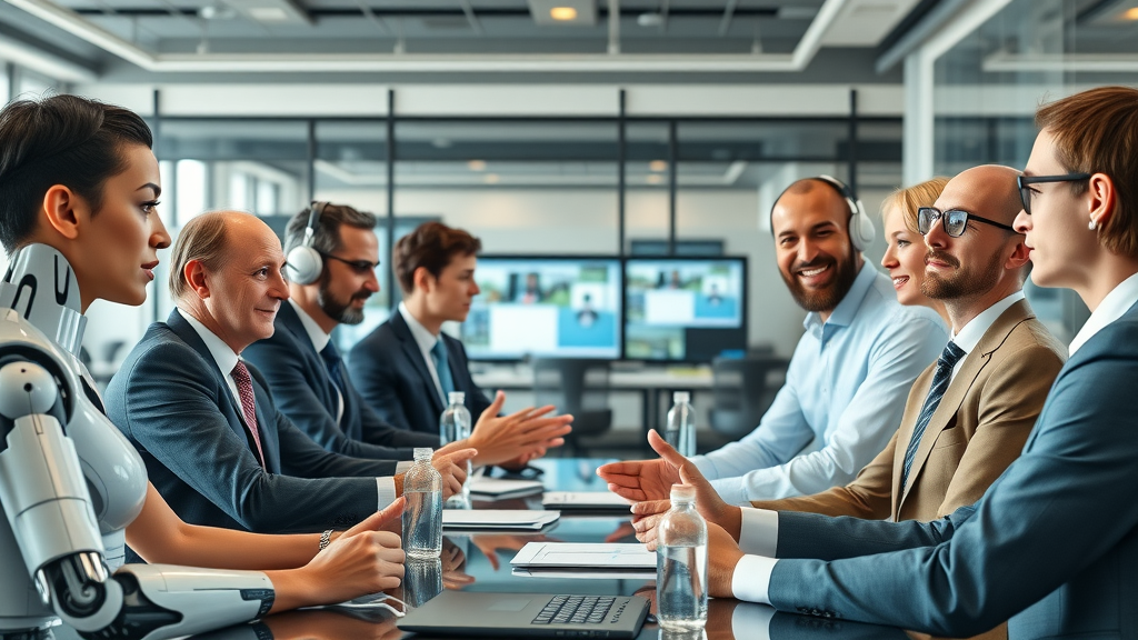 humans and ai collaboration in conference room, engaged in productive discussion, ai collaboration