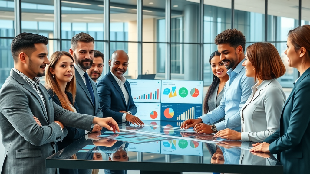 dynamic group of diverse business professionals analyzing corporate media platform dashboards in a modern office