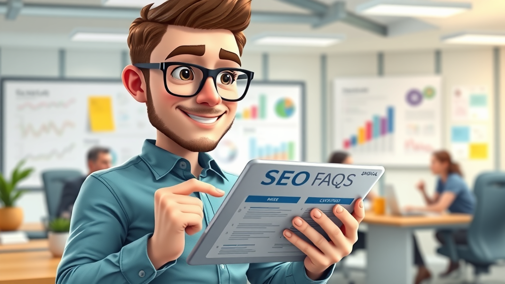 SEO for small businesses - digital marketer reviews SEO FAQs on tablet in animated office setting