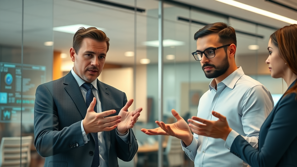 Human oversight in AI: Business professionals reviewing AI-generated content on digital screens in a modern office