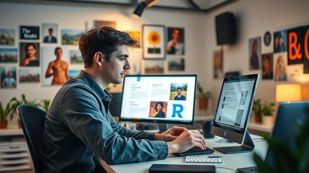 innovative designer crafting visually engaging blog post with digital design tools, content creation, and design tool for bloggers