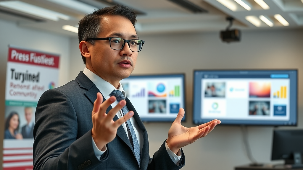 small business communicator presenting press release new development