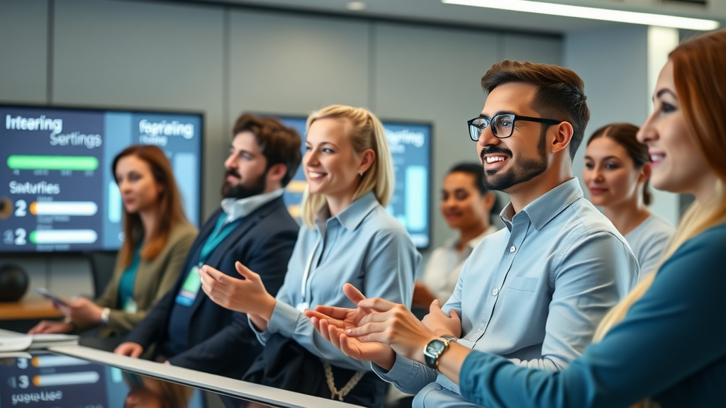 engaged new employees participating in an interactive digital onboarding session in a stylish training room