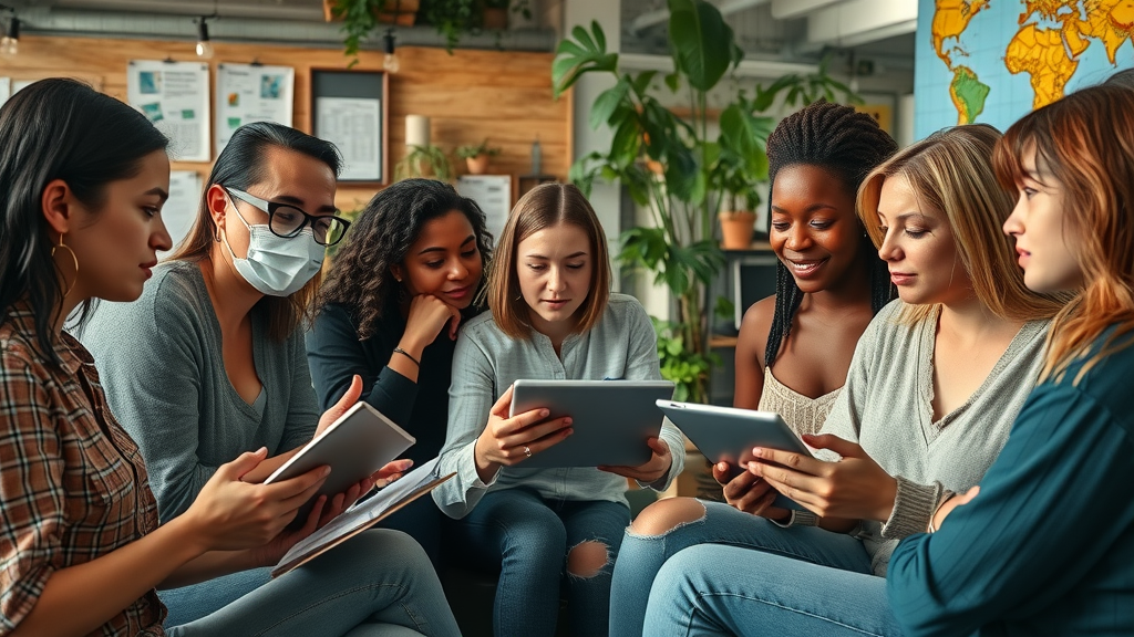 Writers brainstorming creative content to inject human touch - diverse group, inspired ideas, tablets, collaborative murals, detailed, vibrant, lively gestures