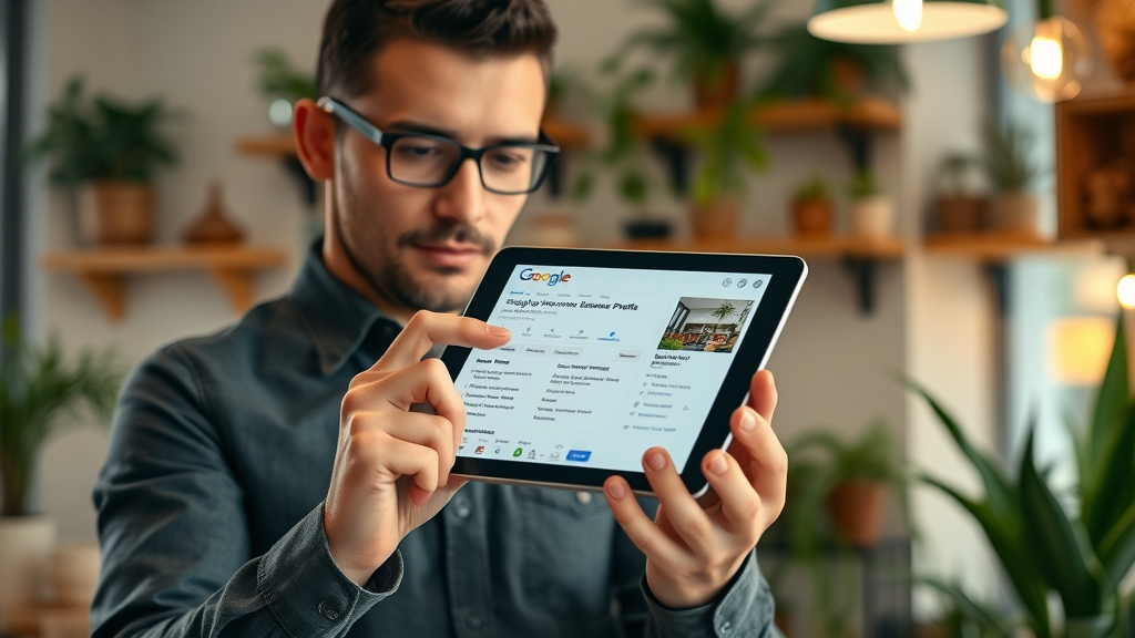 Business owner updating Google Business Profile details for local SEO optimization on a digital tablet