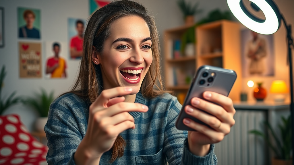 inspiring social media influencer livestreaming, engaging followers with stories and videos, vibrant home studio