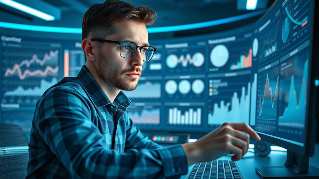 cutting-edge social media dashboard, marketer analyzing online ad campaign metrics, futuristic interface, social media advertising benefits