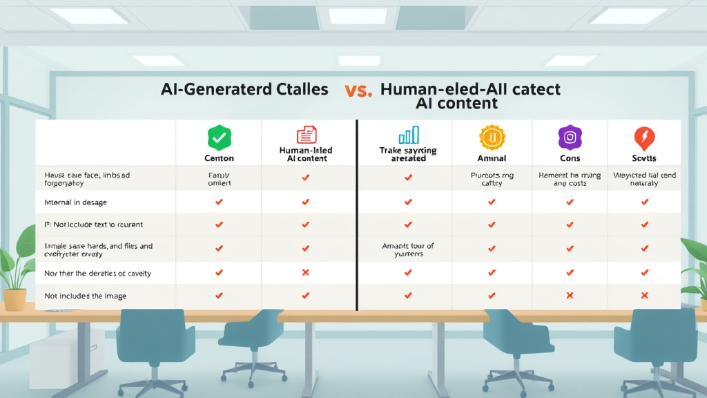 Infographic table comparing AI-generated and human-led AI content strategy - organized pros and cons, key metrics, minimal office, visual markers