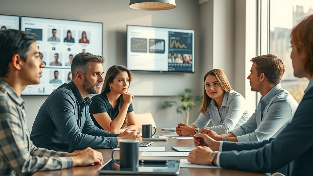 Media site marketing strategy team identifying target audience, digital audience profiles, analytics, sunlit office, digital marketing team collaboration