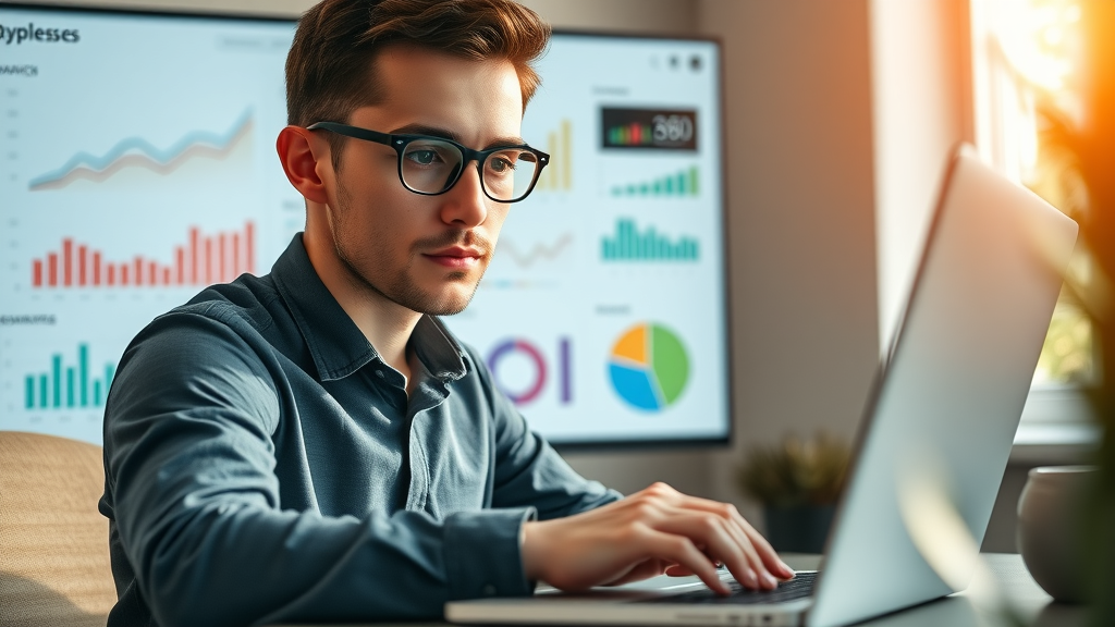 seo analyst optimizing content hub, reviewing keyword research dashboard