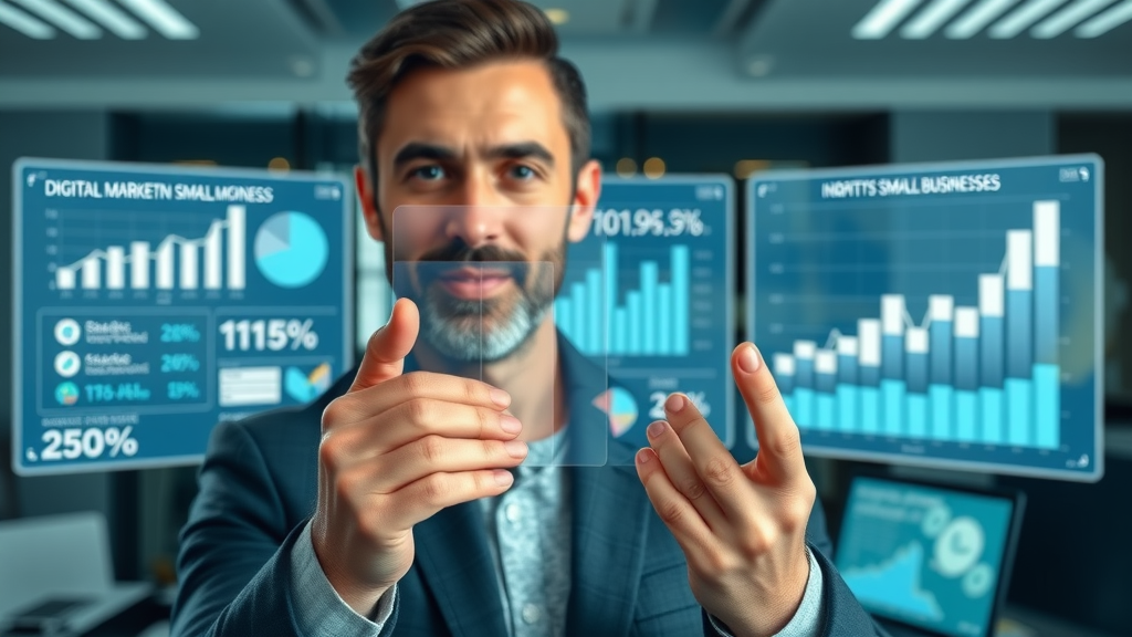 Infographic showing key statistics about the impact of digital marketing on small businesses, with graphs and professional workspace background