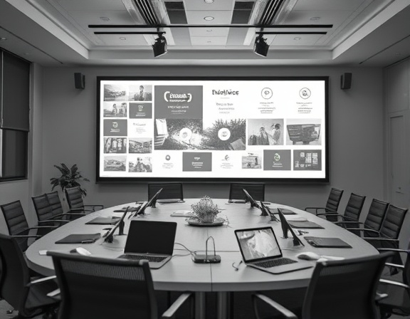 holistic omnichannel strategy, adaptive, implementing cohesive campaigns, photorealistic, conference room with smart boards and interactive projections, highly detailed, tech gadgets in motion, ultra-clear, monochrome palette, focused lighting, shot with a tilt-shift lens.