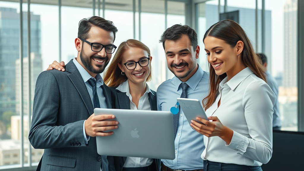 SEO tips for business blogs team of professionals collaborating with analytics dashboard in modern office
