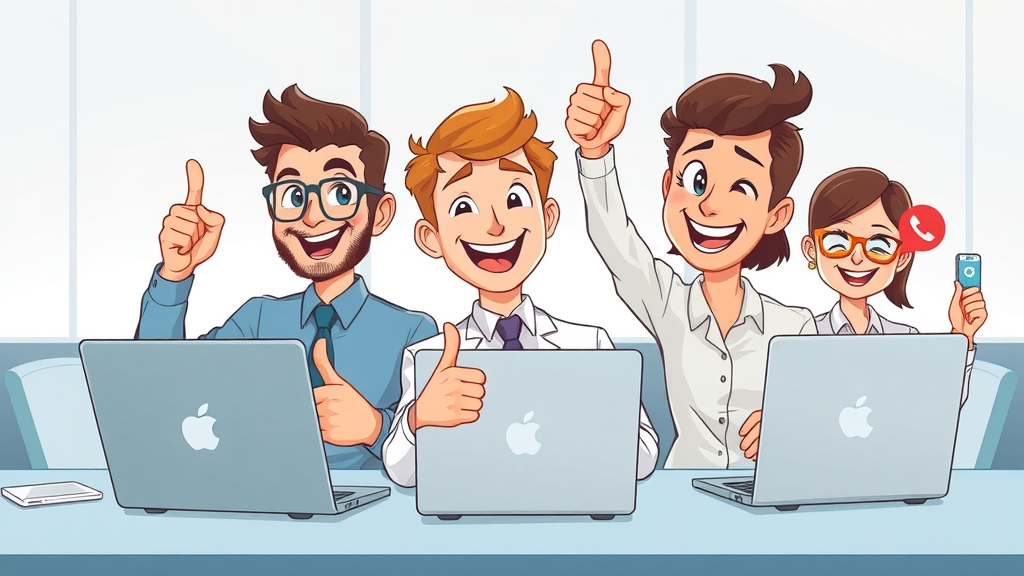 inspired company employees sharing branded content on multiple devices in a minimalist corporate environment