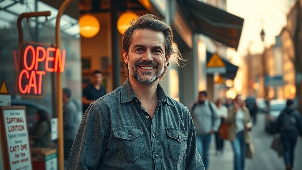 Proud small business owner with shop open, smiling, surrounded by customers.