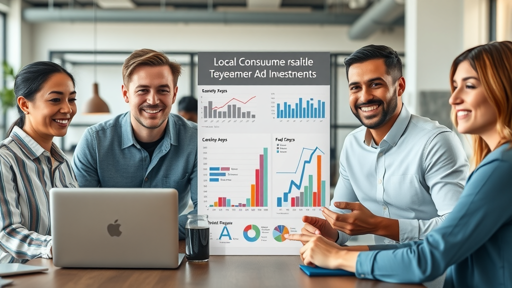 Targeted advertising local infographic showing local consumer preferences and digital ad investments by local business owners in a modern co-working office