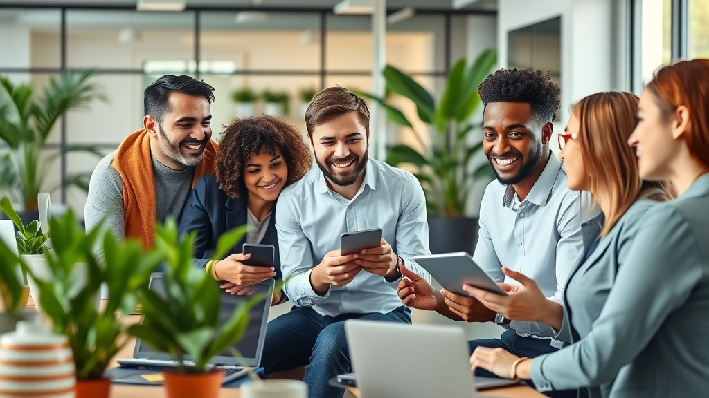 Small business owners brainstorming and targeting audience in a modern workspace with digital devices.