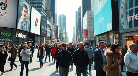 subtle media impact, reflective, influencing society, photorealistic, urban setting with electronic billboards and passing pedestrians, highly detailed, shifting crowd dynamics, clear definition, pastel shades, dappled sunlight, shot with a 28mm lens.
