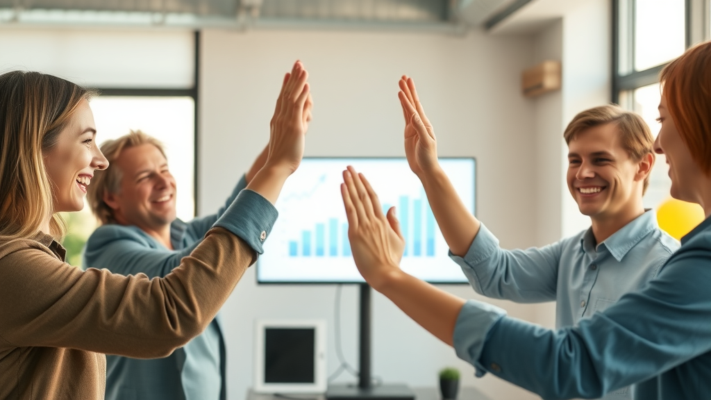 SEO for small businesses - team celebrating growth metrics and SEO success in office setting