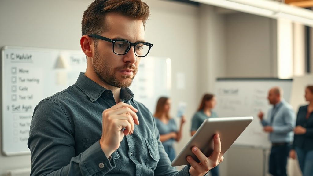 Media site marketing strategy checklist project leader, digital checklist on tablet, modern workspace, motivated team