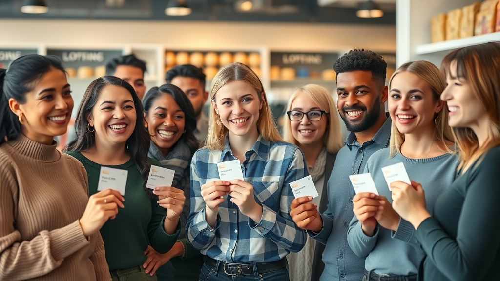 energetic diverse group of happy customers holding loyalty cards in a modern retail store - customer loyalty programs
