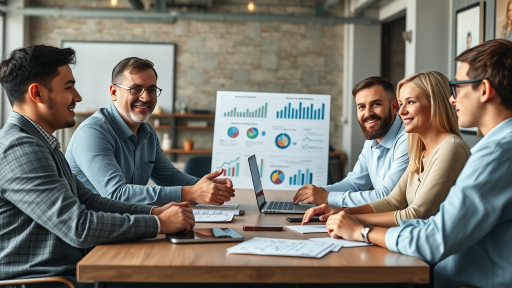 experienced consultant mentoring small business owners, discussing digital ad strategies, optimization charts, online advertising benefits