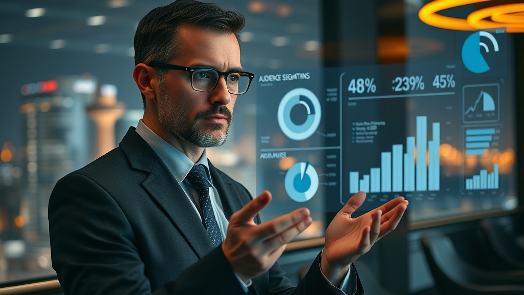 analytical marketing executive examining audience segmentation pie charts and graphs on holographic displays