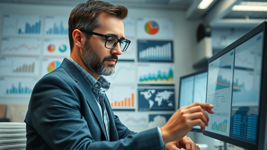 Analytical business owner reviewing event marketing performance metrics in office dashboard