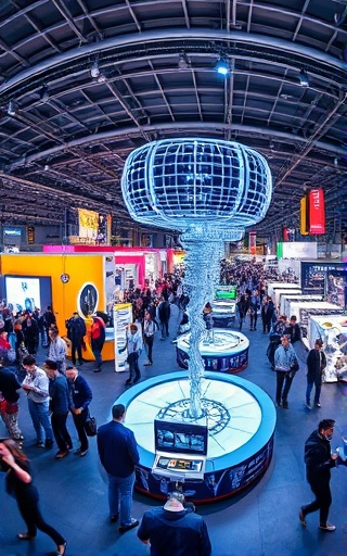 seamless omnichannel experience, innovative, optimizing cross-platform user paths, photorealistic, tech expo with interactive booths and 3D holograms, highly detailed, lively crowd movements, crisp contrast, vibrant hues, spotlight illumination, shot with a fisheye lens.