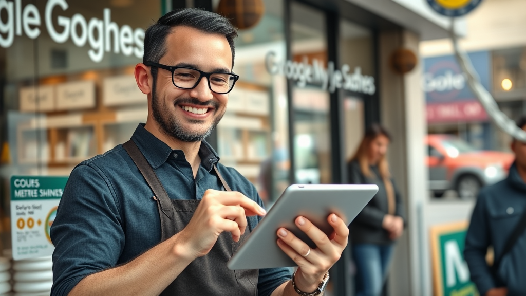 Local business owner improving Google My Business profile for local SEO and increased search engine visibility