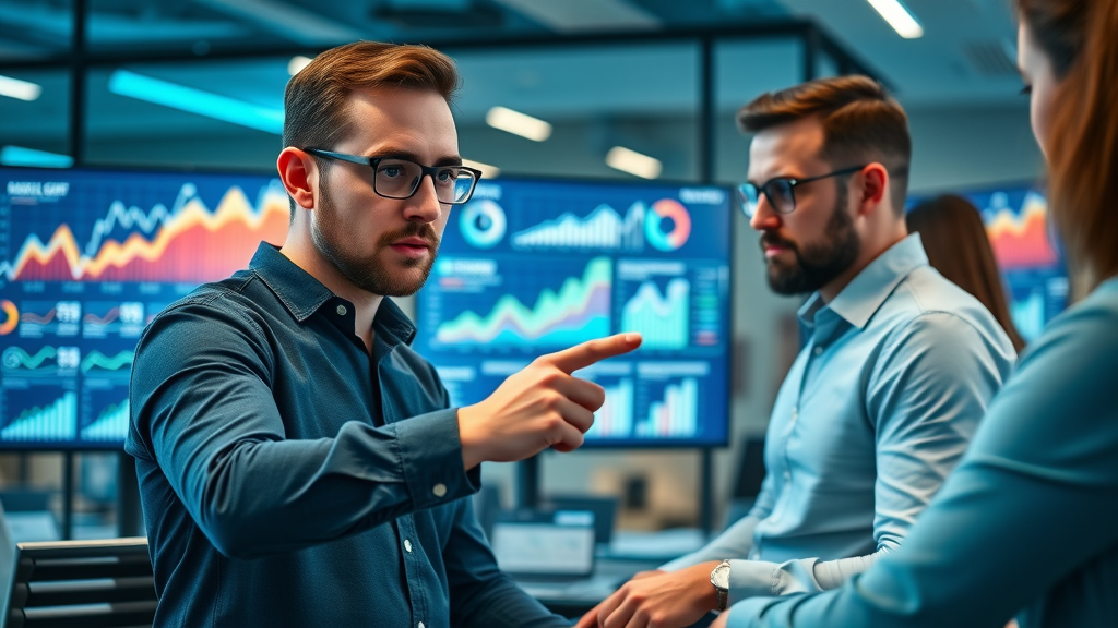 grow your business with a content hub, marketers analyzing SEO metrics on screens in a modern office