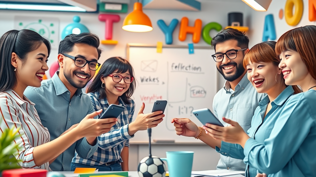 Social media tactics for community engagement: enthusiastic team collaborating on a viral campaign, brainstorming in a creative office.