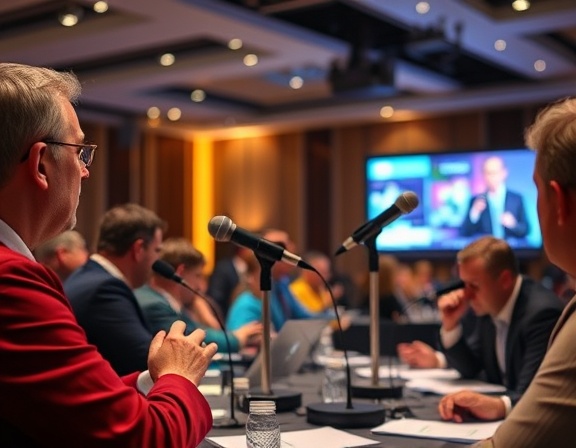 effective media communication, engaging, conveying messages, photorealistic, conference room with microphones and presentation screens, highly detailed, speakers interacting, sharp focus, warm colors, diffused lighting, shot with a 35mm lens.